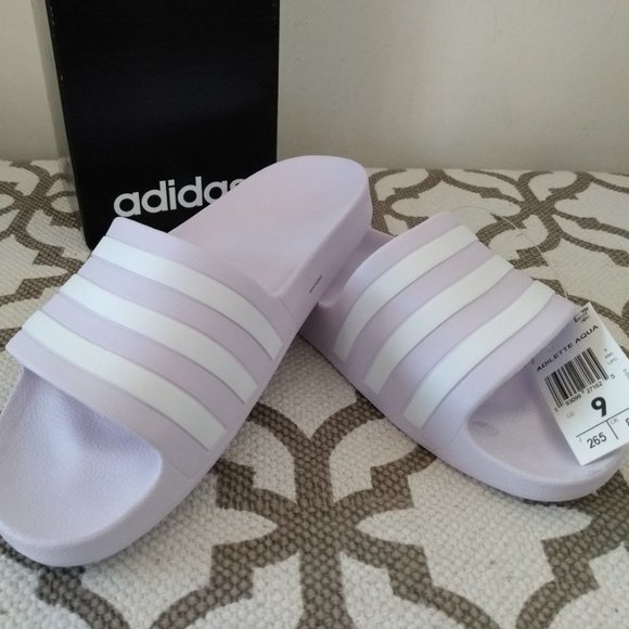 adidas Shoes - New Adidas Adilette Aqua Slides in lavender & three wht stripes, wm’s sz 9